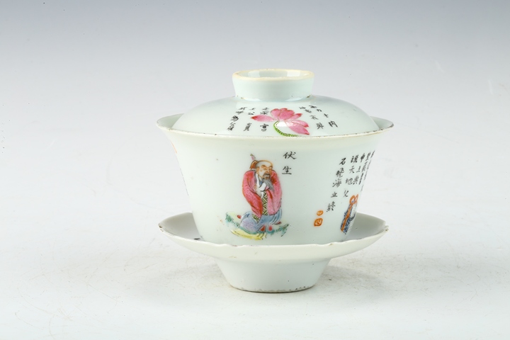 古玩雜項民國·粉彩無雙譜人物詩文三才蓋碗真品鑒賞圖