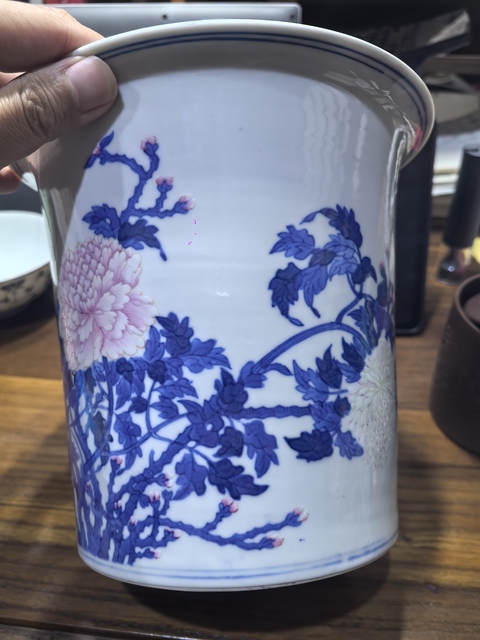 古玩陶瓷青花加彩花卉紋花盆真品鑒賞圖