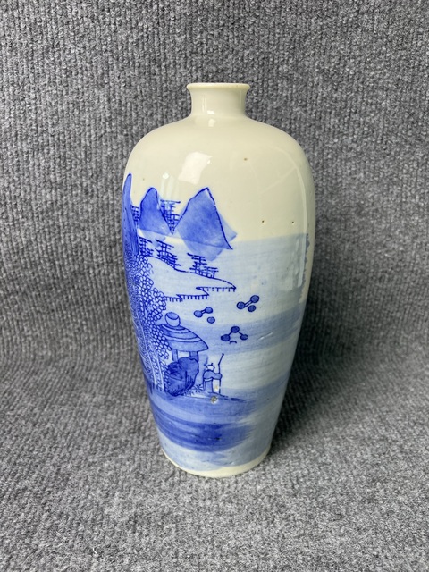 古玩陶瓷青花洞石亭臺樓閣人物詩文萊福瓶真品鑒賞圖