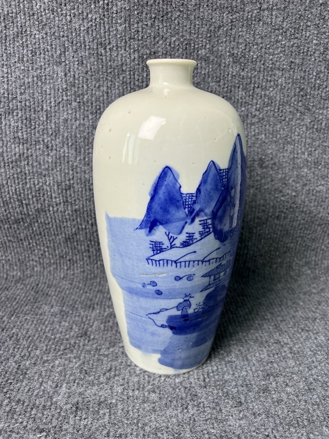 古玩陶瓷青花洞石亭臺樓閣人物詩文萊福瓶真品鑒賞圖