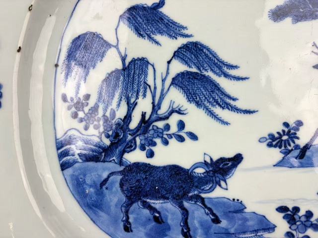 古玩陶瓷清乾隆.青花松鹿牛圖大盤拍賣，當前價格288元