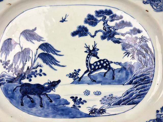古玩陶瓷清乾隆.青花松鹿牛圖大盤拍賣，當前價格288元
