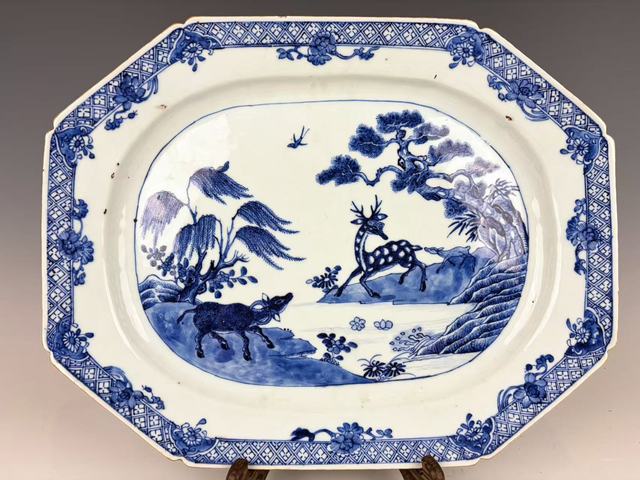 古玩陶瓷清乾隆.青花松鹿牛圖大盤拍賣，當前價格288元