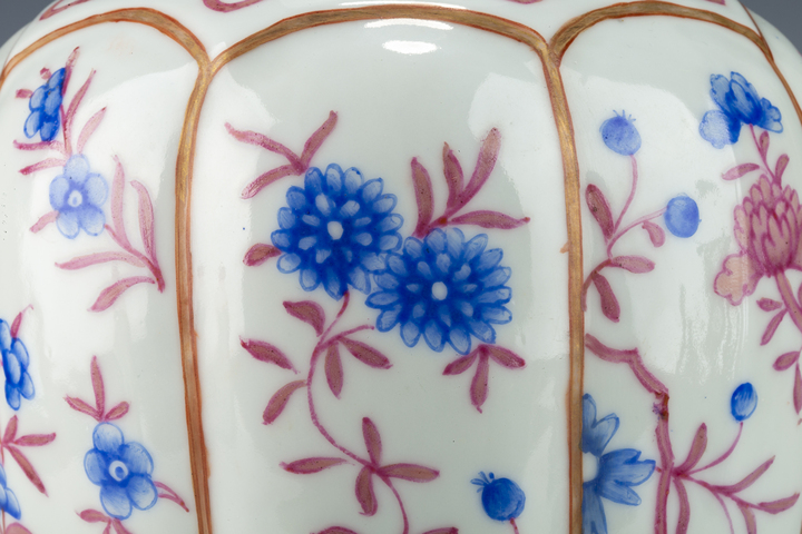 古玩陶瓷清中晚·胭脂紅藍料彩花卉紋盤口瓶真品鑒賞圖