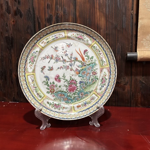 古玩陶瓷花鳥蝶紋廣彩盤真品鑒賞圖