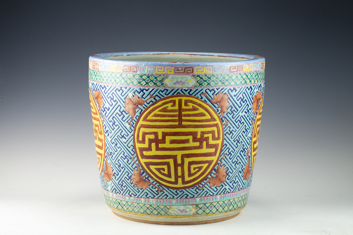 古玩陶瓷清晚·粉彩福壽綿延紋大花盆拍賣，當前價格2664元