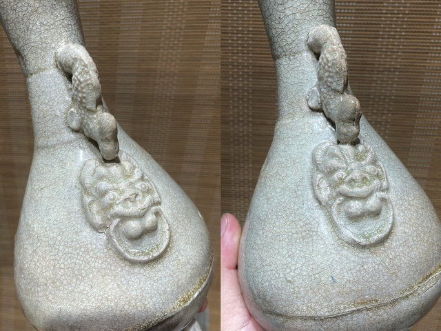 古玩陶瓷元代青白瓷摩羯耳花瓶真品鑒賞圖