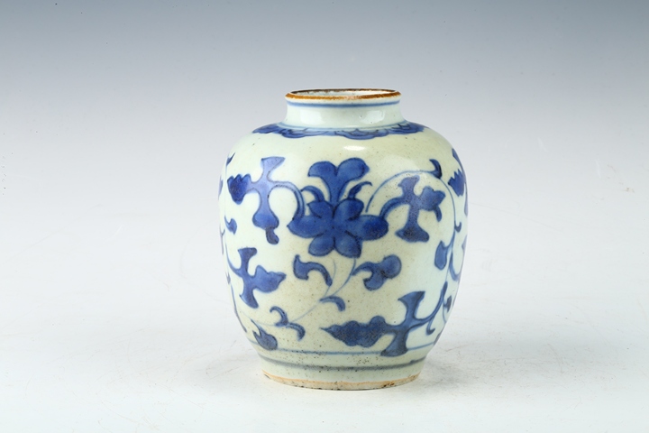 古玩陶瓷明末清初·青花纏枝花卉紋罐真品鑒賞圖