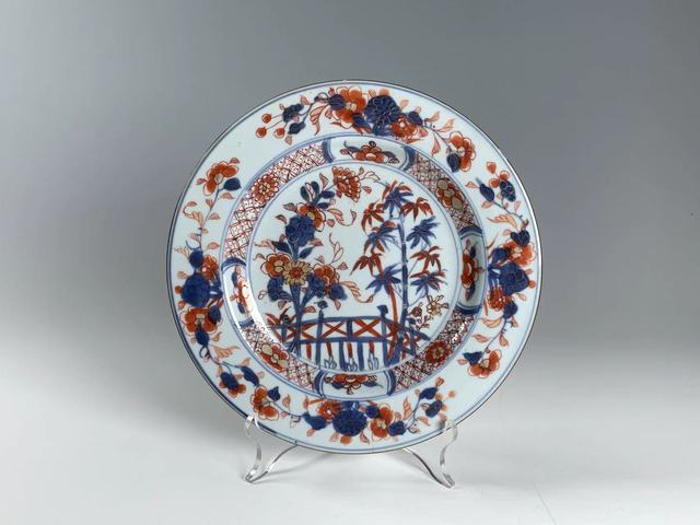 古玩陶瓷清康熙·青花加彩竹葉紋折沿盤拍賣，當前價格191元