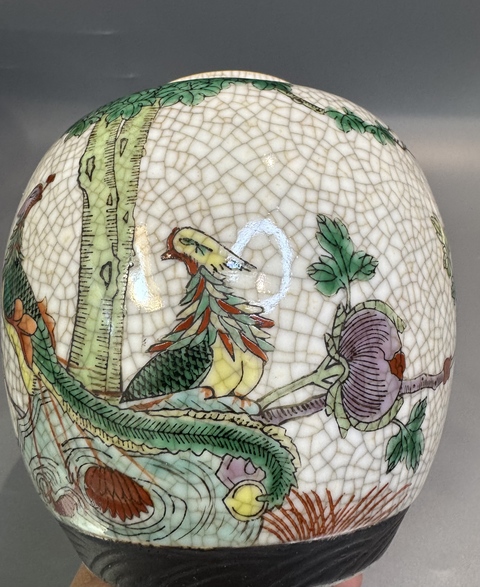 古玩陶瓷哥釉五彩鳳穿牡丹圖茶葉罐真品鑒賞圖