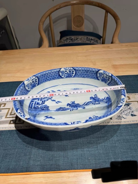 古玩陶瓷青花狩獵圖折沿盆真品鑒賞圖