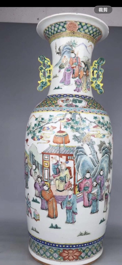 古玩陶瓷粉彩人物故事紋撇口瓶真品鑒賞圖