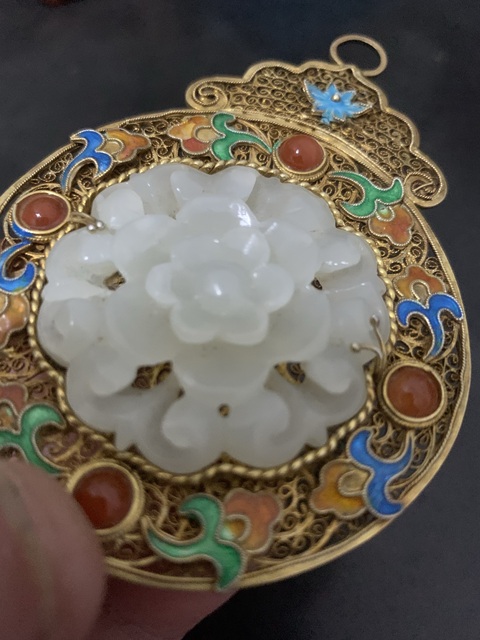 古玩玉器景泰藍(lán)鑲玉佩真品鑒賞圖