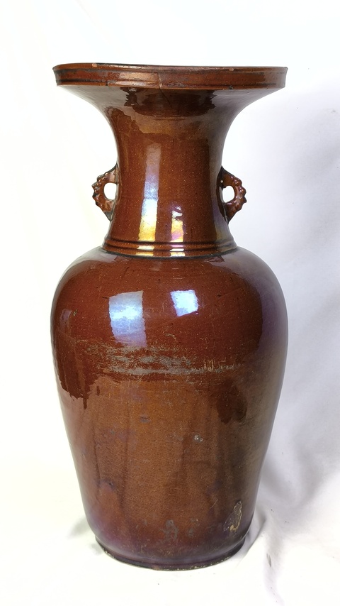 古玩陶瓷朱砂紅釉盤口瓶真品鑒賞圖