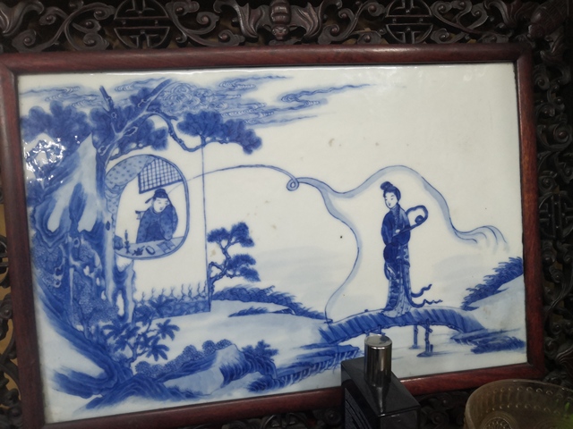 古玩陶瓷清晚期青花人物故事紋瓷板真品鑒賞圖