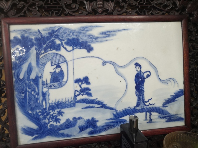 古玩陶瓷清晚期青花人物故事紋瓷板真品鑒賞圖