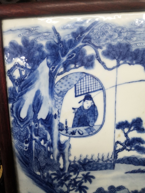 古玩陶瓷清晚期青花人物故事紋瓷板真品鑒賞圖