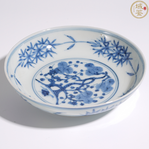 古玩陶瓷明嘉靖青花歲寒三友圖盤真品鑒賞圖