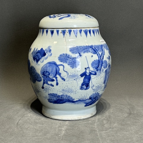 古玩陶瓷人物紋青花蓮子罐真品鑒賞圖