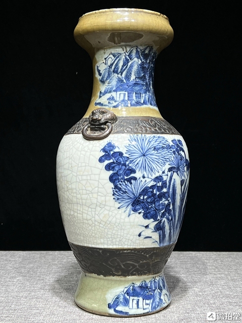 古玩陶瓷哥釉青花山水花鳥紋盤口瓶真品鑒賞圖