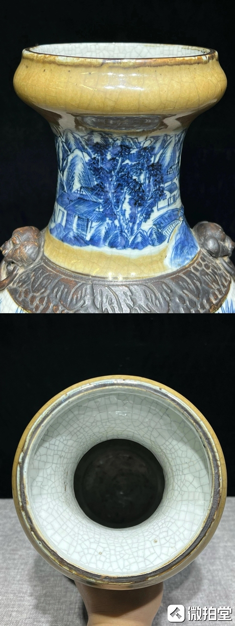 古玩陶瓷哥釉青花山水花鳥紋盤口瓶真品鑒賞圖