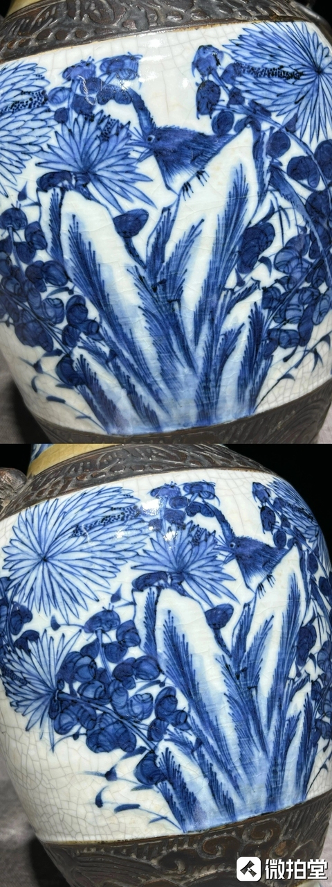 古玩陶瓷哥釉青花山水花鳥紋盤口瓶真品鑒賞圖