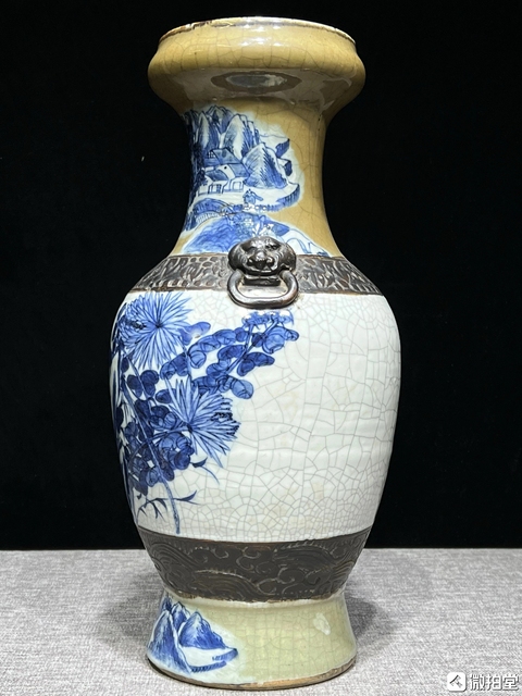 古玩陶瓷哥釉青花山水花鳥紋盤口瓶真品鑒賞圖