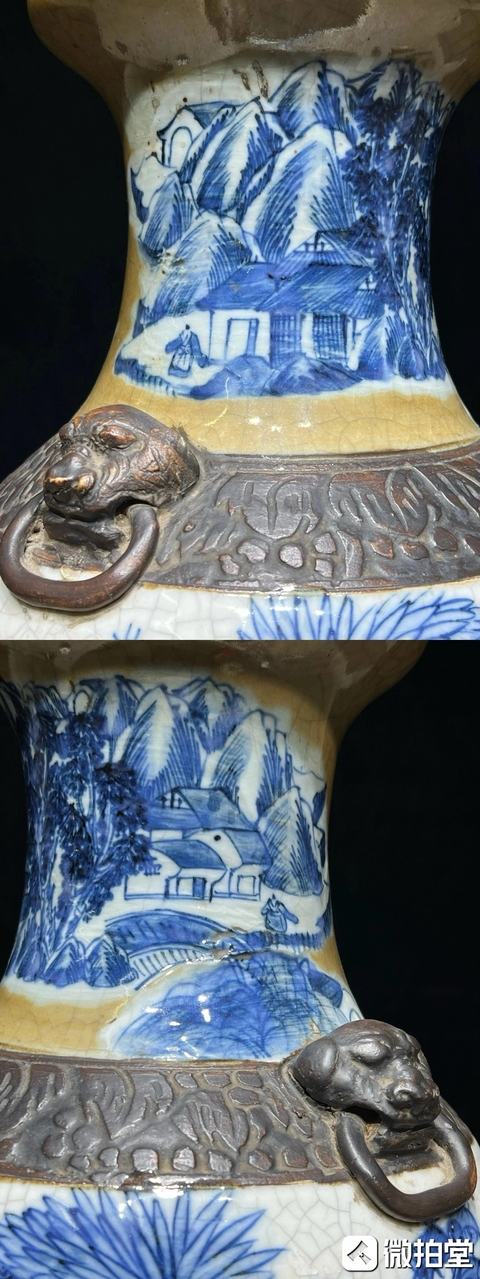 古玩陶瓷哥釉青花山水花鳥紋盤口瓶真品鑒賞圖