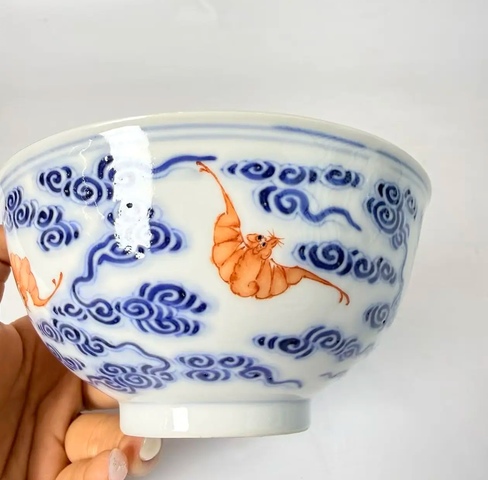 古玩陶瓷清光緒青花礬紅洪福齊天碗真品鑒賞圖