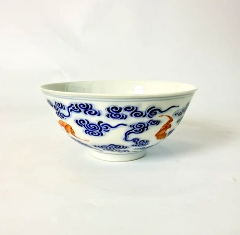 古玩陶瓷清光緒青花礬紅洪福齊天碗真品鑒賞圖