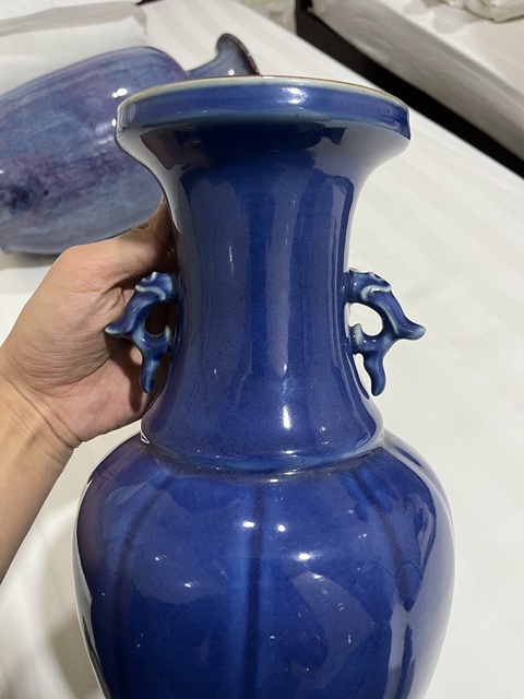 古玩陶瓷道光 霽藍釉雙耳瓶真品鑒賞圖