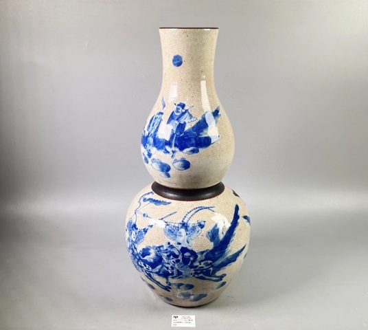 古玩陶瓷哥釉青花鐵骨泥人物故事紋葫蘆瓶真品鑒賞圖