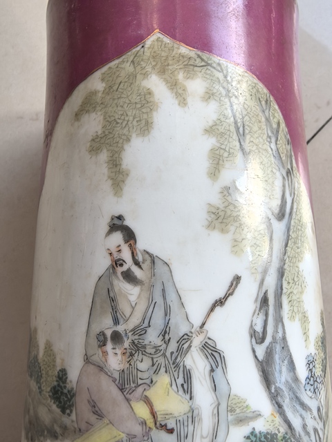 古玩陶瓷胭脂紅開光淺絳彩人物紋帽筒真品鑒賞圖