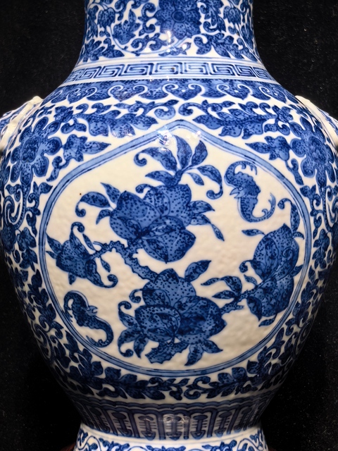 古玩陶瓷青花福壽紋鳩耳銜環尊真品鑒賞圖