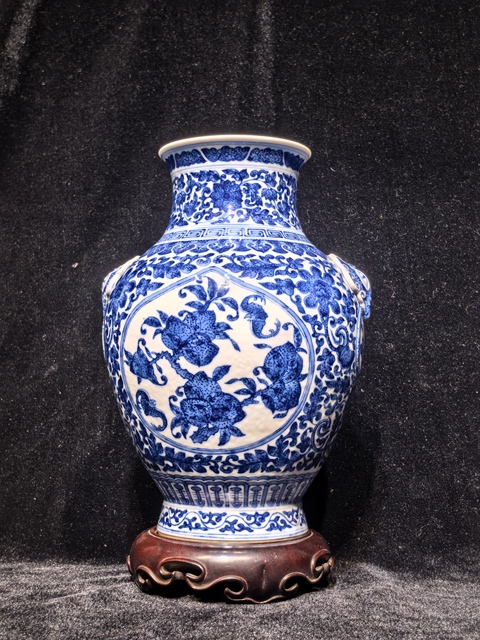 古玩陶瓷青花福壽紋鳩耳銜環尊真品鑒賞圖