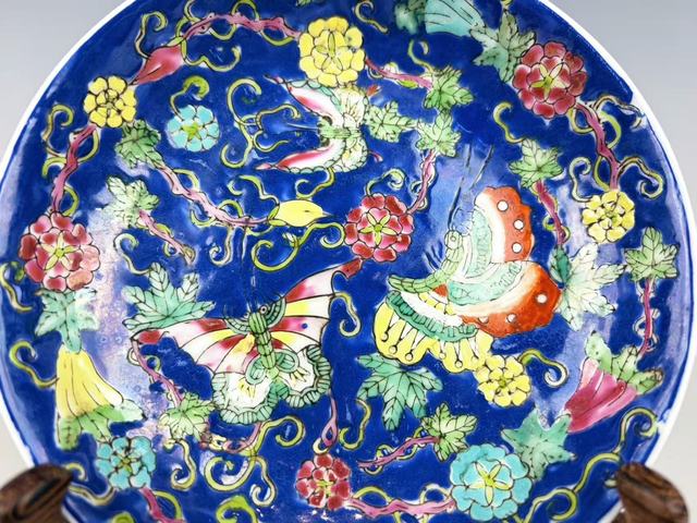 古玩陶瓷民國·藍地粉彩瓜瓞綿綿盤拍賣，當前價格249元