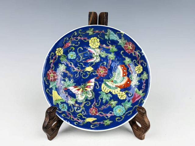 古玩陶瓷民國·藍地粉彩瓜瓞綿綿盤拍賣，當前價格249元