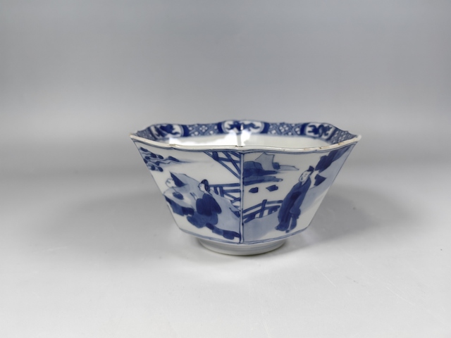 古玩陶瓷清康熙人物故事紋青花六方碗真品鑒賞圖