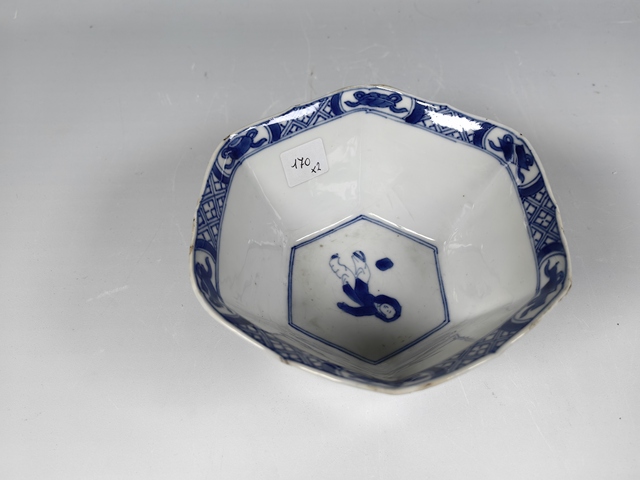 古玩陶瓷清康熙人物故事紋青花六方碗真品鑒賞圖