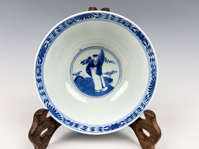 古玩陶瓷清晚期·青花開窗四愛圖碗拍賣，當前價格788元