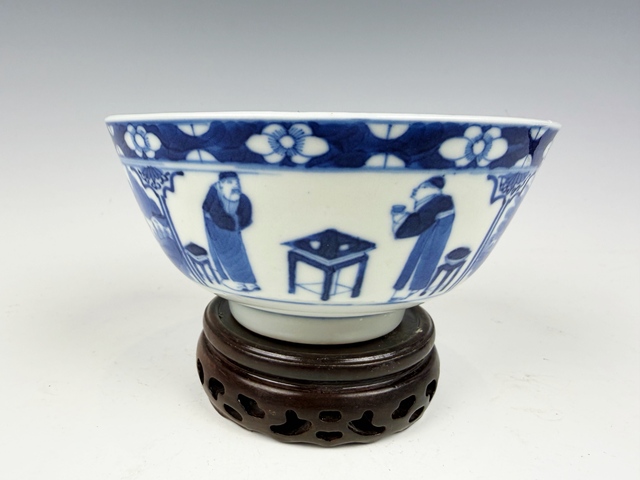 古玩陶瓷清晚期·青花開窗四愛圖碗拍賣，當前價格788元