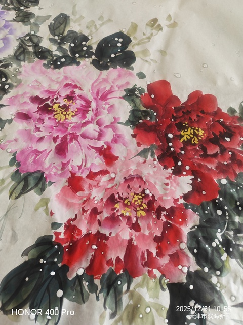 古玩字畫寫意牡丹橫幅真品鑒賞圖