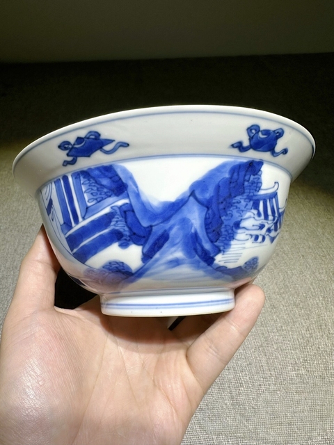 古玩陶瓷清康熙青花人物故事圖折沿碗真品鑒賞圖