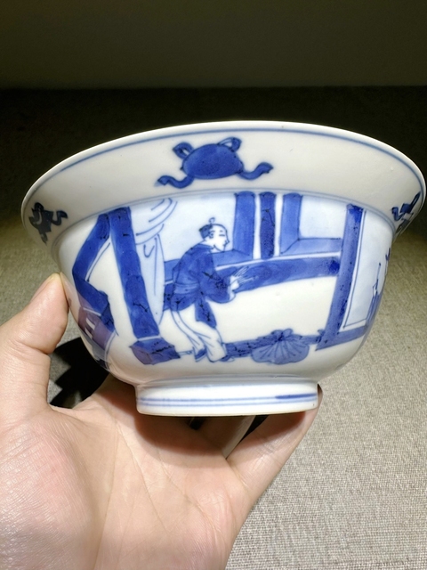古玩陶瓷清康熙青花人物故事圖折沿碗真品鑒賞圖