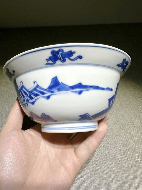 古玩陶瓷清康熙青花人物故事圖折沿碗真品鑒賞圖