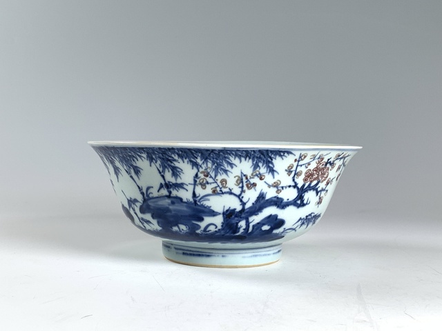 古玩陶瓷清乾隆·青花釉里紅梅竹雙青詩文碗拍賣，當前價格1776元
