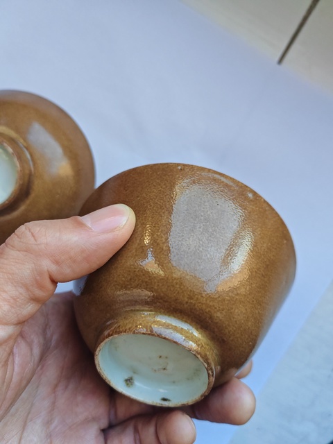 古玩陶瓷清 外紫金釉內(nèi)礬紅魚藻紋蓋碗真品鑒賞圖