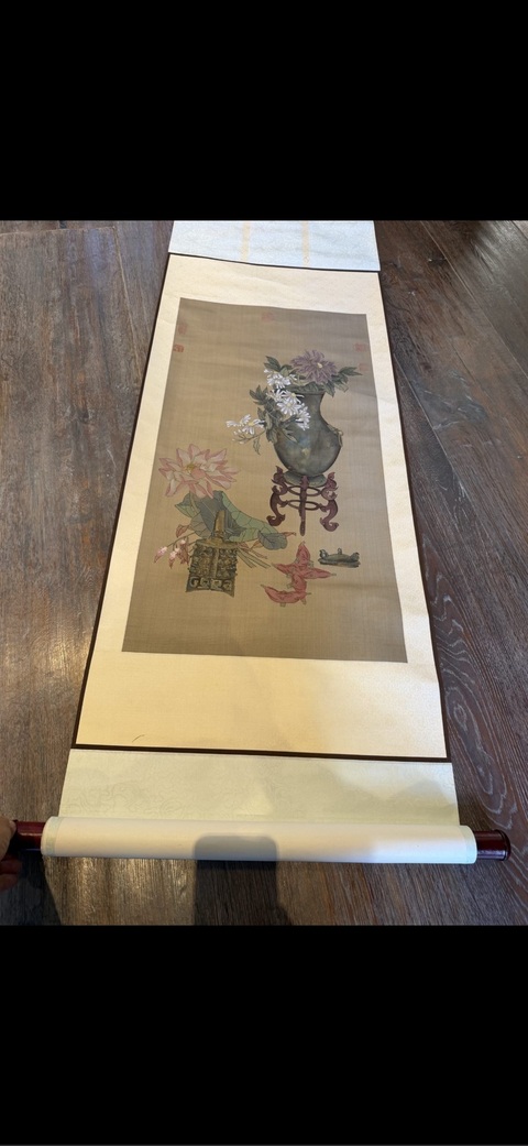 古玩字畫(huà)佚名工筆博古花卉立軸真品鑒賞圖