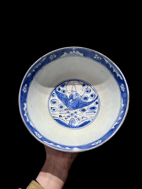 古玩陶瓷青花壽字開窗人物大碗真品鑒賞圖