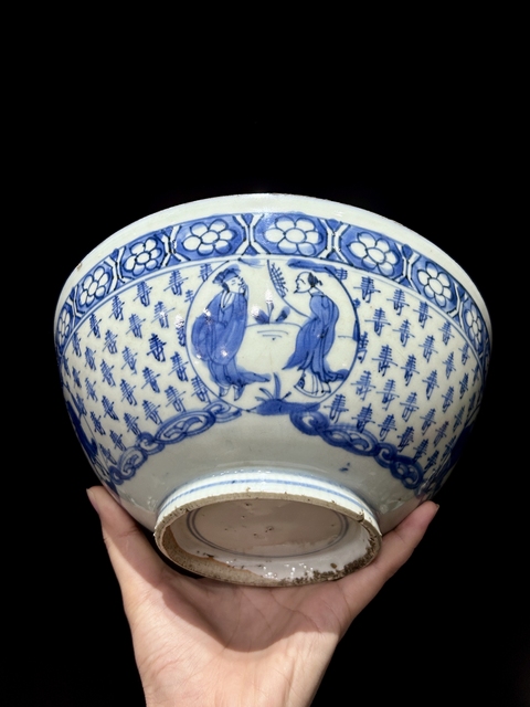 古玩陶瓷青花壽字開窗人物大碗真品鑒賞圖